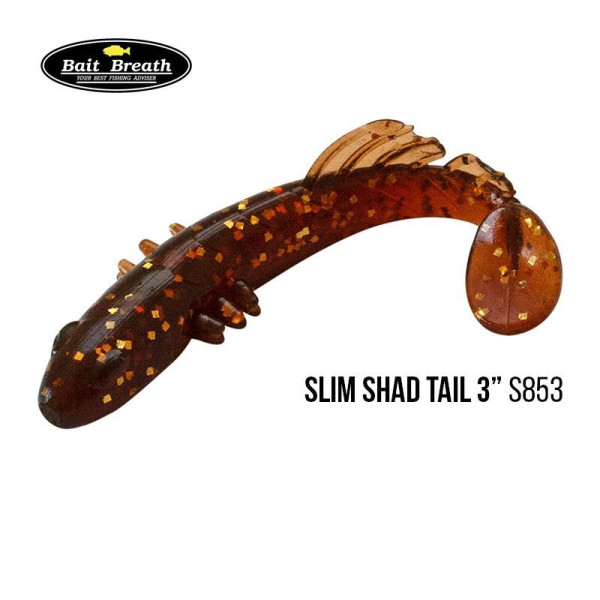 ".Приманка Bait Breath BeTanCo Shad Tail Slim 3" (8 шт.) (S853 Motor oil / Gold)